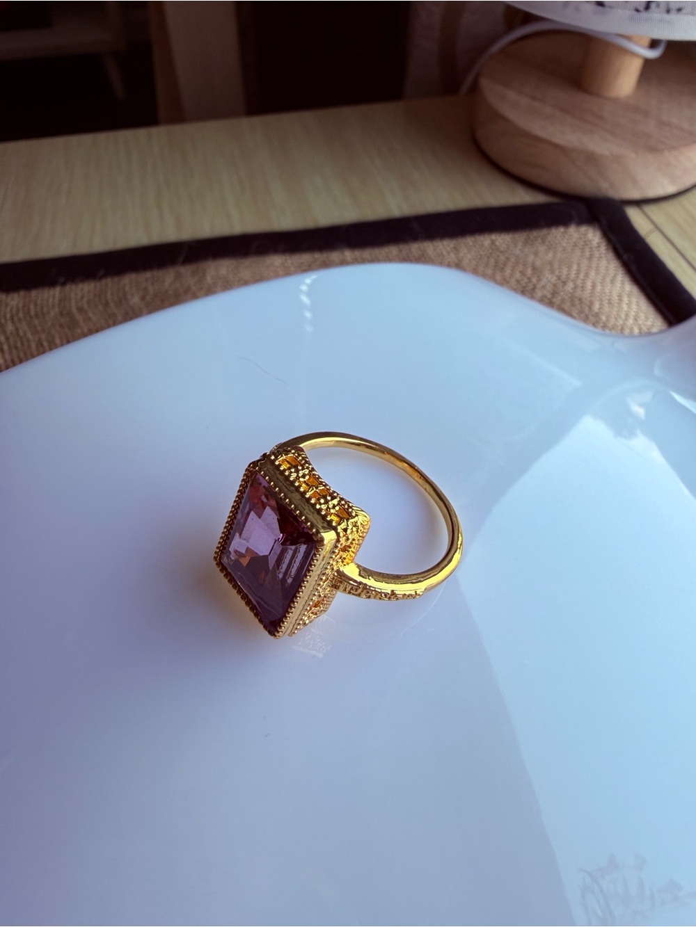Gold-Plated Ring with Purple Square Gemstone
